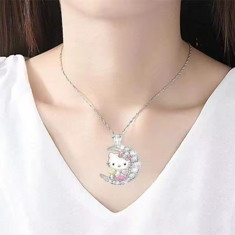 Lovely Cute Hello kitty On the Moon Pendant Necklace Little Girl's Jewelry Gift