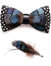 RBOCOTT Mens Handmade Feather Pre-tied Bow tie and Brooch Peacock Blue/White