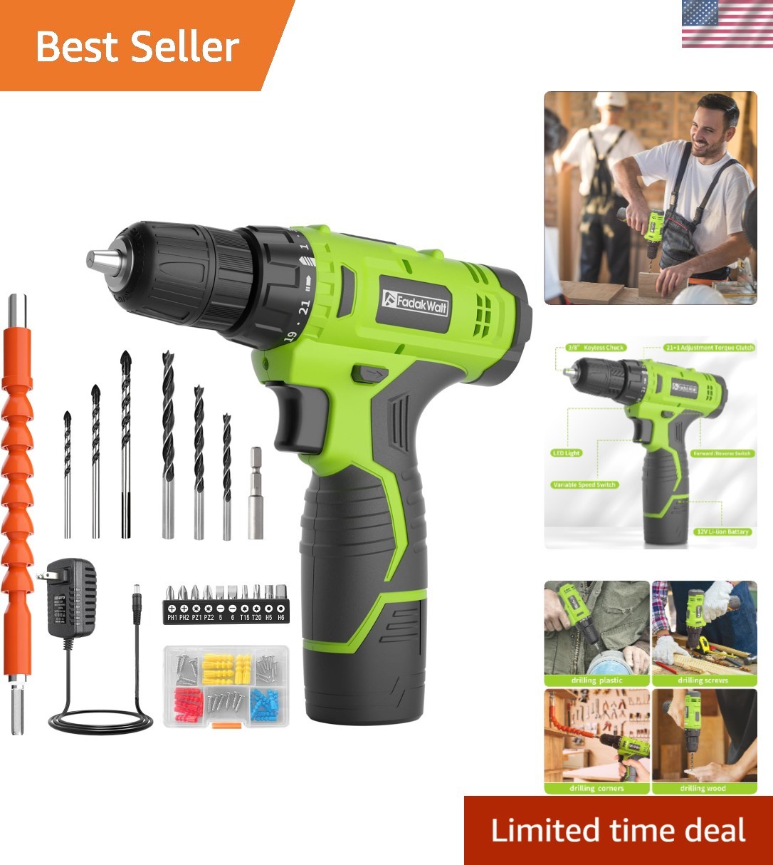 12V Cordless Drill Set with 180 in-lbs Torque, LED Light & Accessories - Green