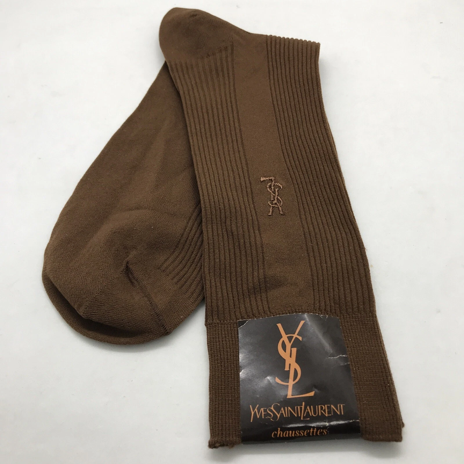 SAINT LAURENT (YSL) Calze abito da uomo Yves Saint Laurent marrone nylon ricamato logo YSL taglia 10 13