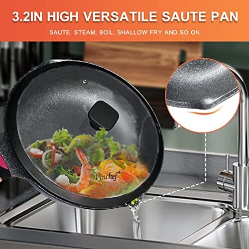 Nonstick Skillet with Lid, 11In/5Qt Aluminum Deep Frying Pan with Lid and Hea...