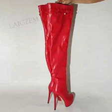 Women Thigh High Platform Boots Faux Leather Buckle Straps Side Zip Thin High