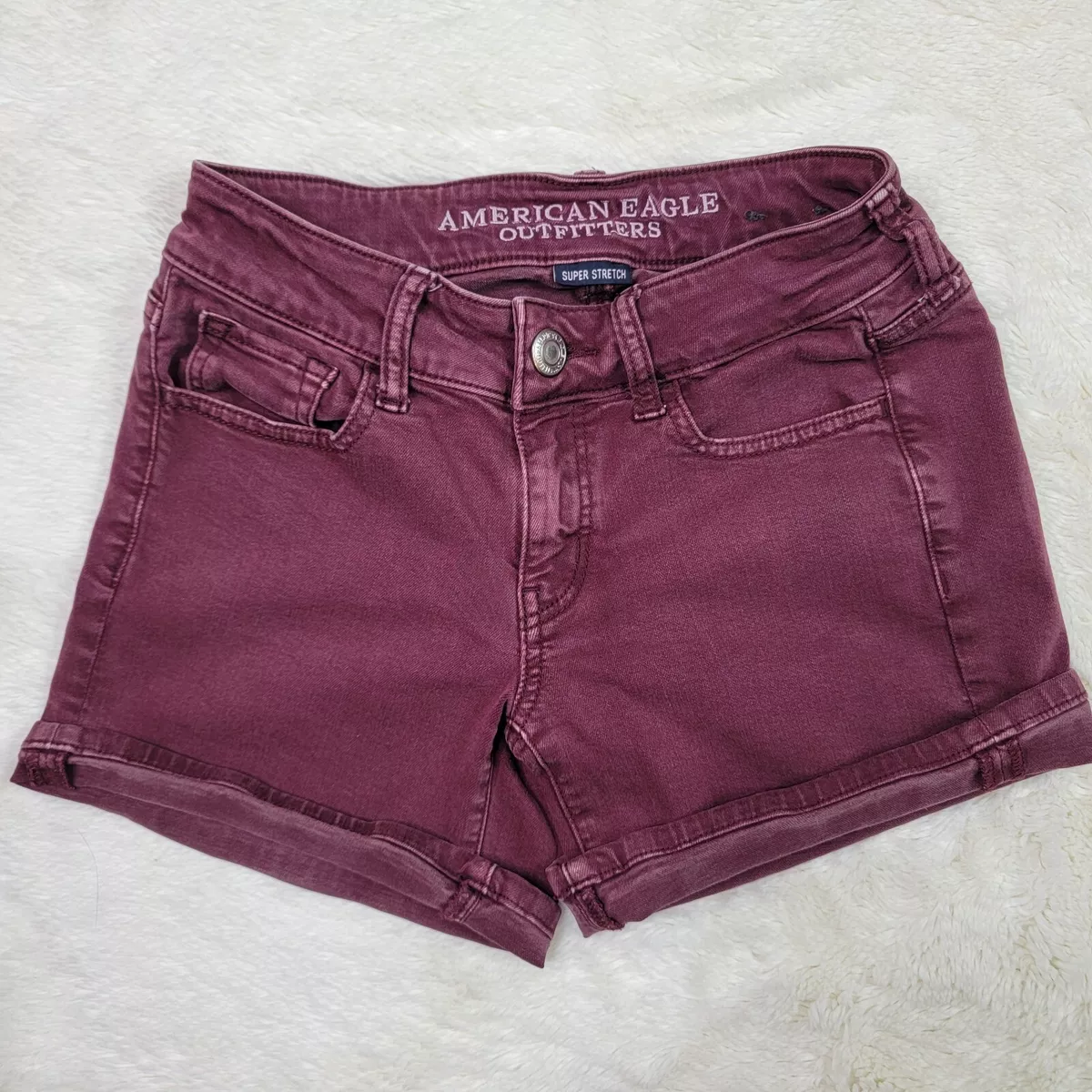 American Eagle Women s Size 0 Midi Super Stretch Burgundy Denim Jean Shorts