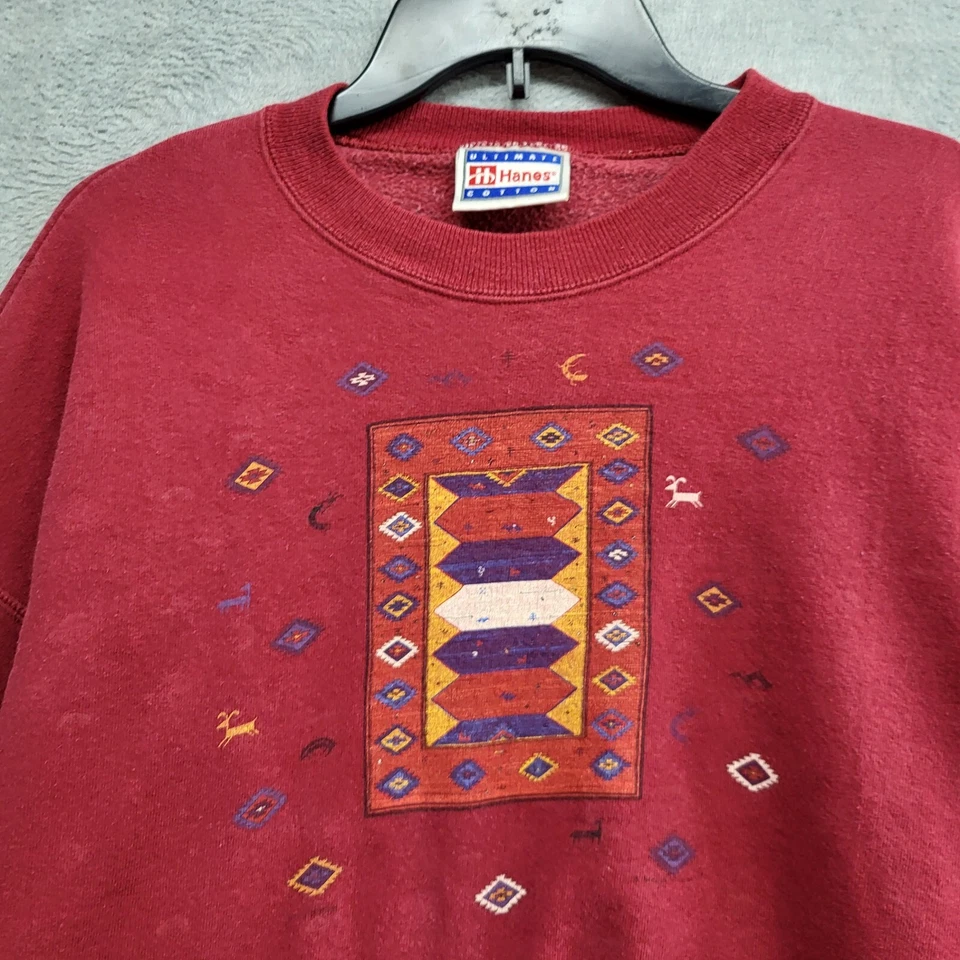 ВИНТАЖНЫЙ Aztec Tribal женщин толстовка XL красный геометрический ворота с длинным рукавом - Изображение 3 из 4