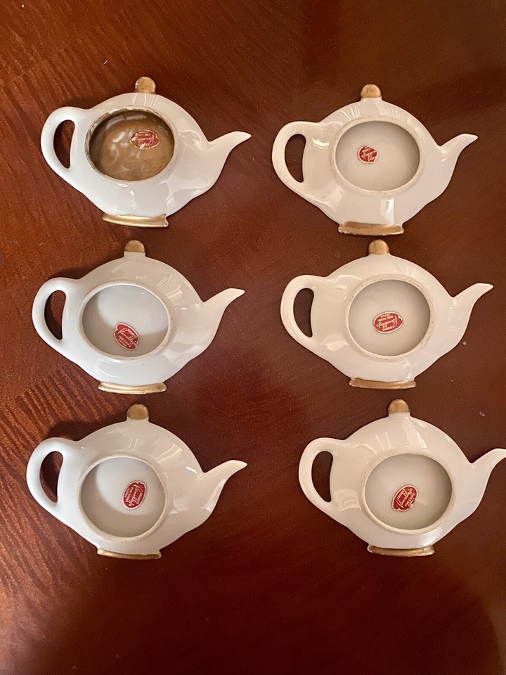 6 Exclusive Renaldy's Porcelain Tea Bag Holders Gold Trim Teapot