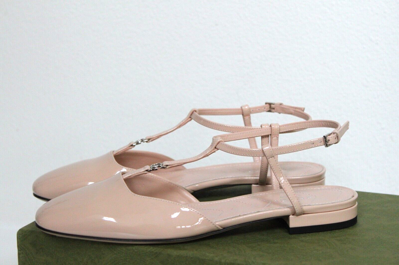 sz 7 / 37.5 Gucci GG Logo Nude Patent Leather T-Strap Ankle Ballet Flat Shoes image 10
