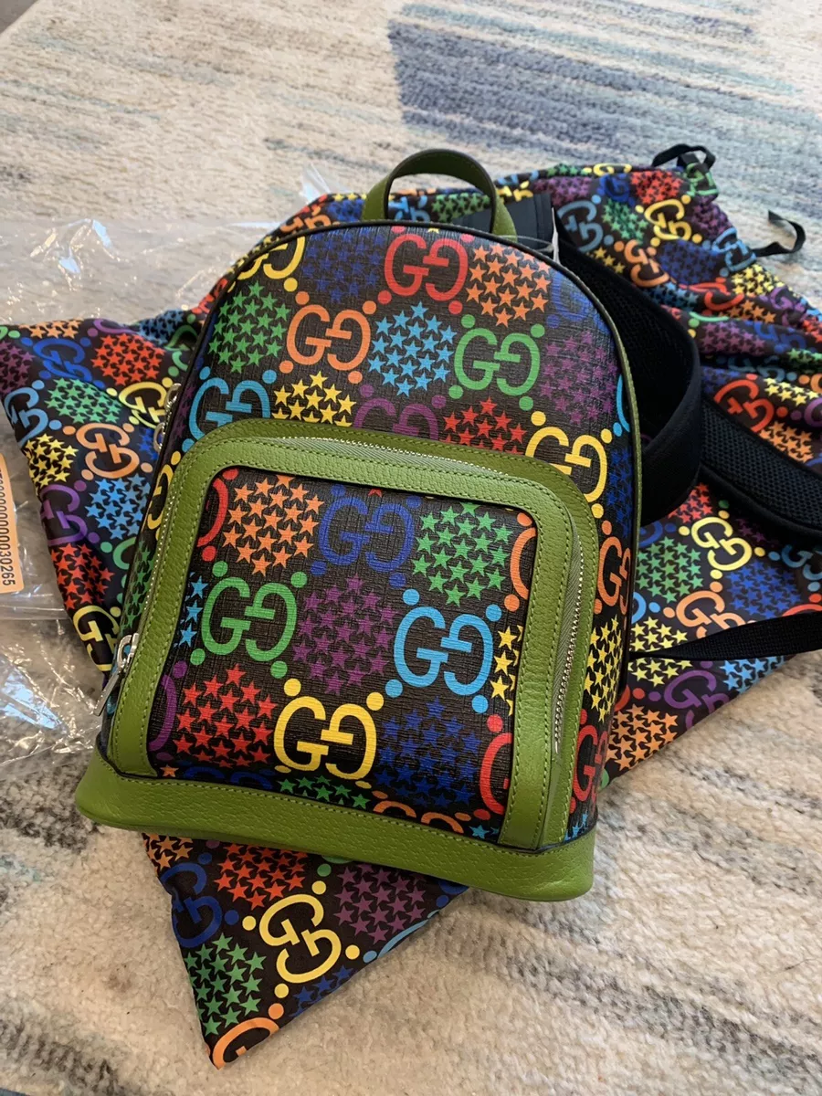 Authentic Gucci 601296 GG Psychedelic Backpack Black Green Canvas Leather F/S