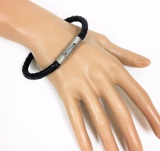 NEW TEXTURED STAINLESS STEEL SILVER TONE+BLACK BRAIDED LEATHER BANGLE BRACELET 
