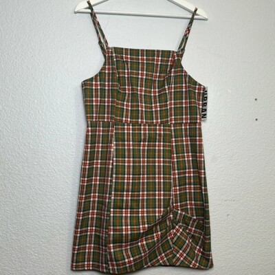 Urban Outfitters Monica Plaid Green Ruched Mini Preppy Dress Size Large NWT  | eBay