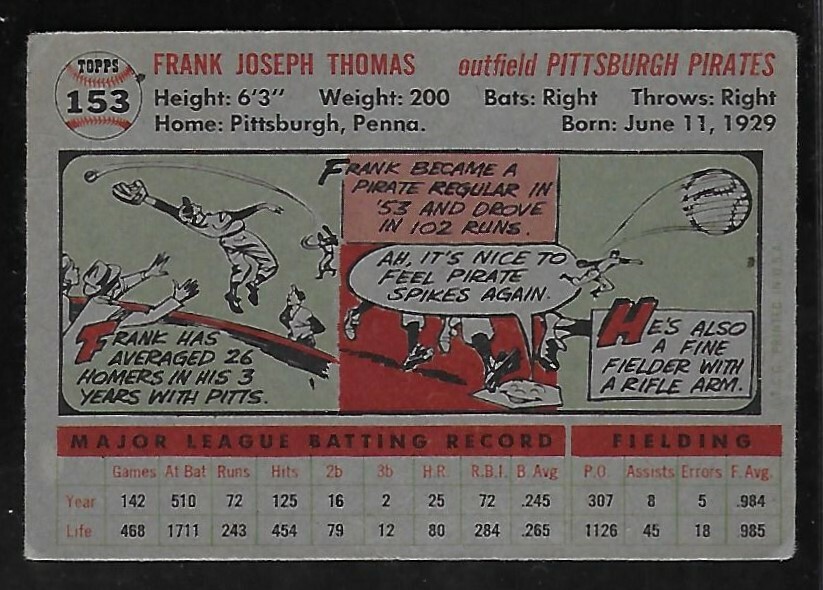 1956 Topps GB #153 Frank Thomas Grey Back Pirates Very Good to