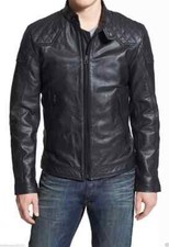 Men Quilted Real Lambskin Leather Soft Jacket Black Biker Motorcycle Jacket
