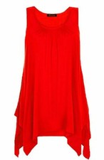 Women Ladies Hanky Hem Sleeveless Flared Jersey Long Tunic Flared Swing Vest Top