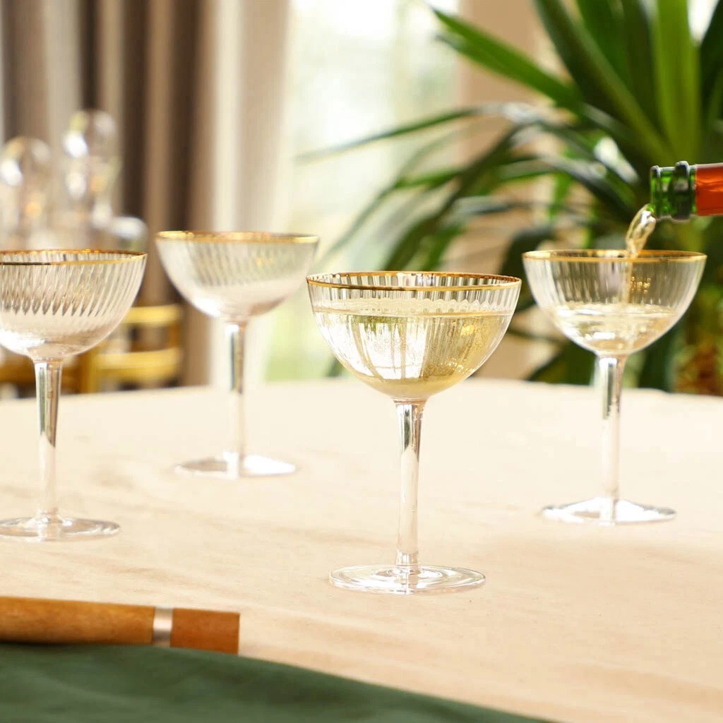 Set of 6 Champagne Saucers Luxury Ribbed Glassware Drinking