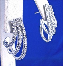 STERLING SILVER WHITE CZ GRADUATED 3-ROW HOOP EARRINGS, 1.10Cts, 7/8"X3/8"