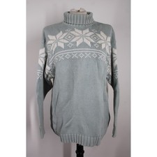 Vtg 90s Eddie Bauer M Blue Snowflake Cotton Knit Oversized Turtleneck Sweater
