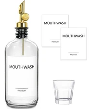 Mouthwash Dispenser for Bathroom, 1 Pack Glass Mouth Wash Container with Cup, 17