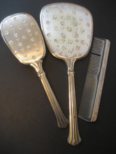 Vintage Vanity Set Mirror Brush Comb Silver Finish Embossed Floral