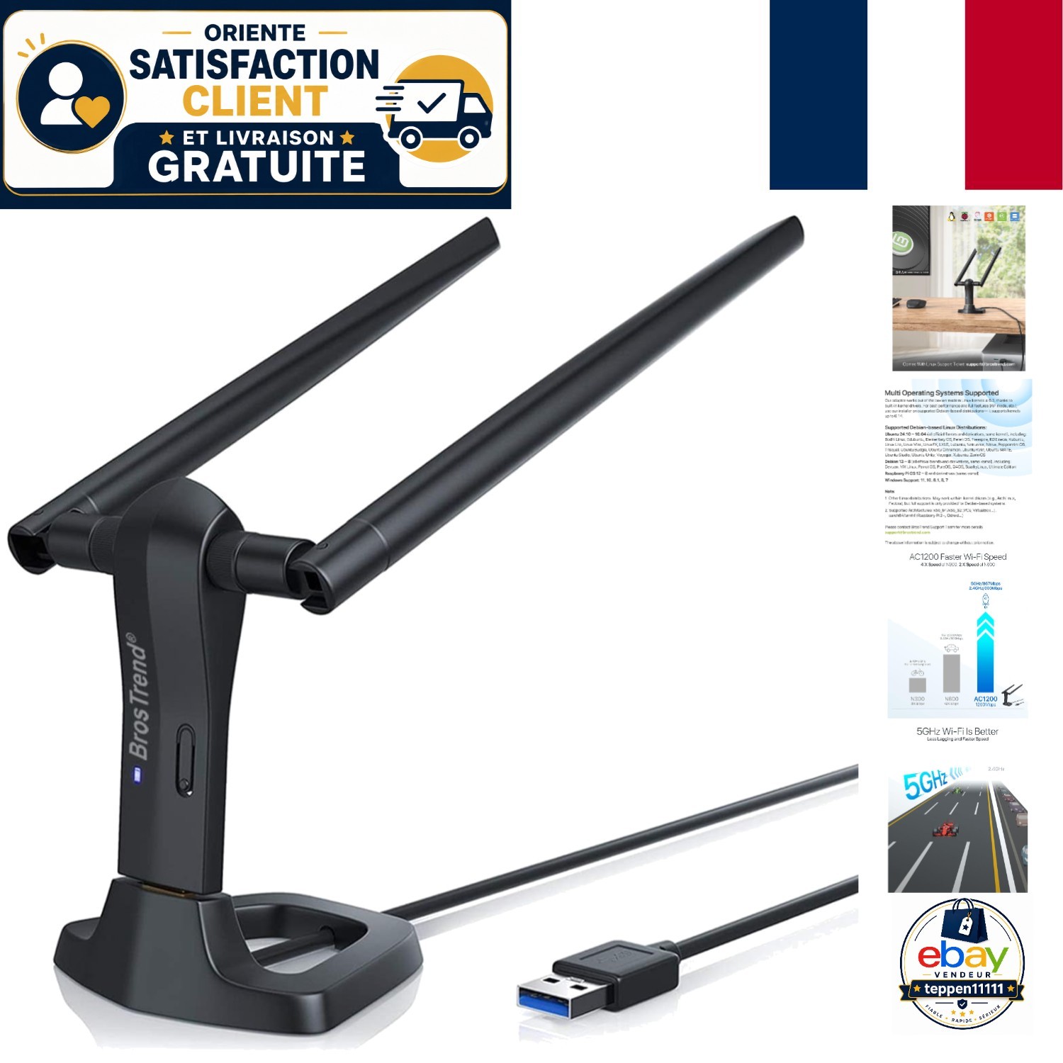 Clé WiFi 1200Mbps adaptateur USB 3.0 ultra rapide noir pour PC Windows et Linux