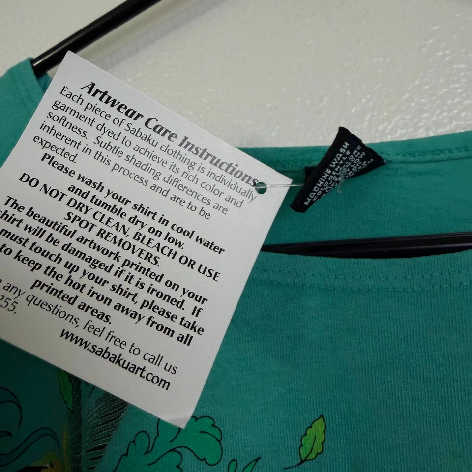 Sabaku Art Wear Shirt Womens XL Green Floral Short Sleeve Colorful Graphic Birds - Image 3 of 4