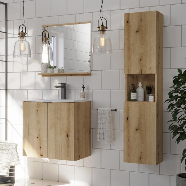 Badezimmer BadmöBel Set Waschtisch 50Cm Waschbecken Spiegel Hochschrank Eiche-image