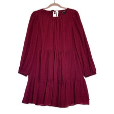 Express Burgundy Textured Long Sleeve Tiered Mini Babydoll Dress Wine Red M