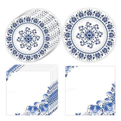 40 PCS Floral Blue White Flower Party Tableware Plates Napkins Decor Birthday