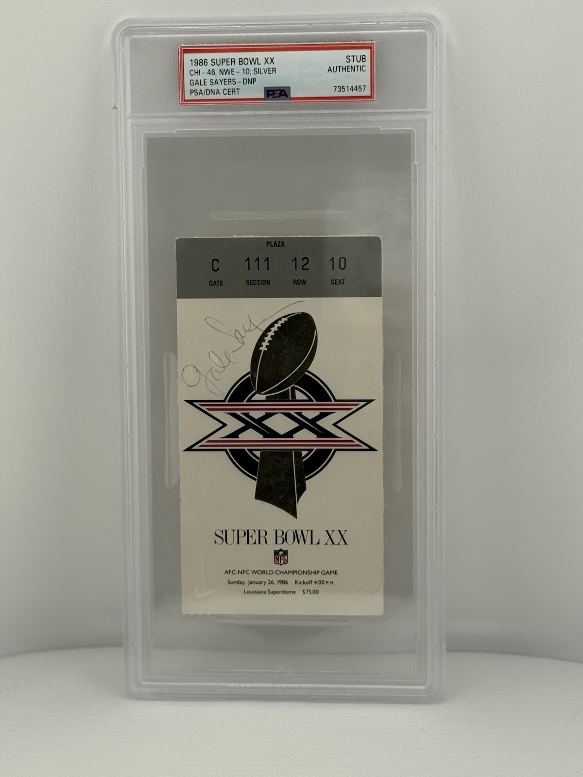 1986 Super Bowl XX Stub Silver Variation PSA Gale Sayers Autographed Signed Autograph 