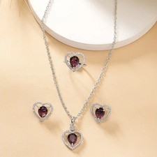 Silver-Plated AD Studded Crystal Purple Heart Necklace Earrings Ring For Women