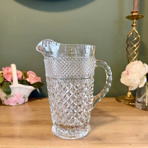 Vintage Anchor Hocking Wexford Large Pressed Glass 2 Qt Pitcher Diamond Pattern