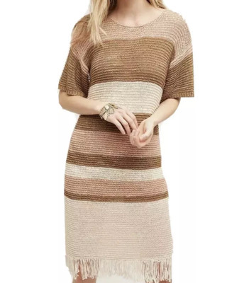 ANTHROPOLOGIE ISY & KI FRINGED SANDSTRIPE DRESS L Large Crochet Pink Tan