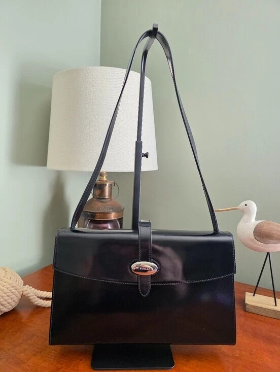 Furla Vintage Black Patent Leather Structured Shoulder Bag Quiet 
