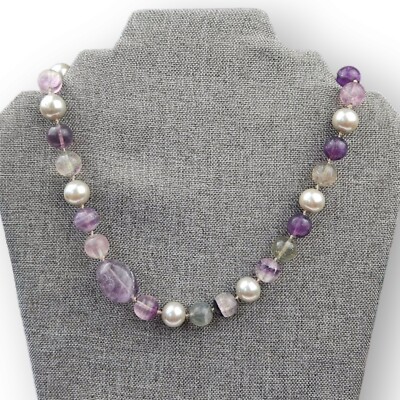 Ciner Gemstone Necklace Rainbow Fluorite Faux Pearl Purple Green Beaded Vintage 