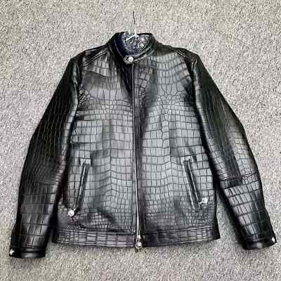 Men's Black Real Leather Crocodile Embossed Jacket Biker Alligator Print Jacket