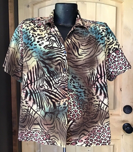 Donnkenny Petite Brown Animal Print Button Down Shirt Blouse Short Sleeve Sz PL