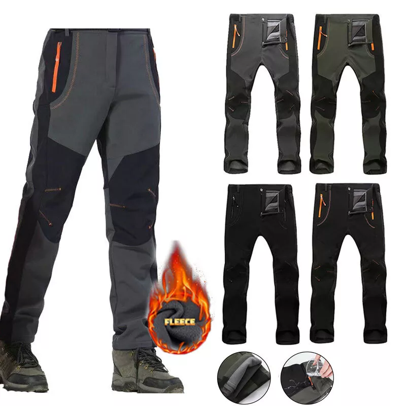 Mens Fleece Lined Hiking Pants Waterproof Insulated Ski Pockets Cargo  Trousers