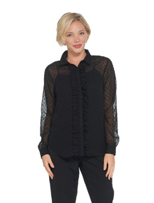 BROOKE SHIELDS Timeless Button Front Blouse with Ruffle, Black, Size Reg 0