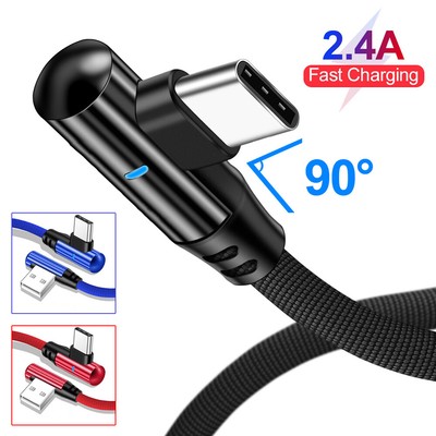 90 Degree Right Angle Type C LED Fast Charging Charger Cable For Samsung S10