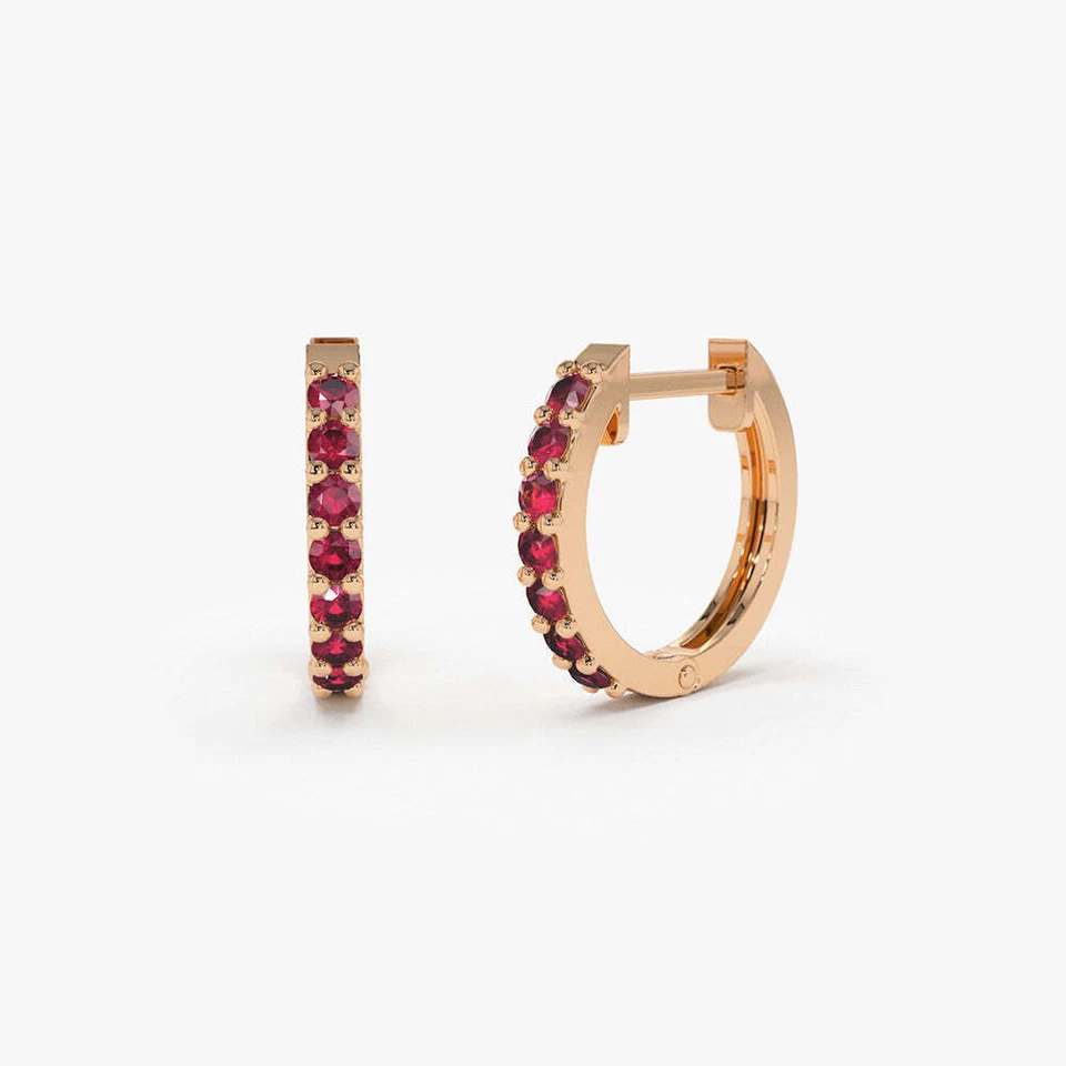 10k Solid Gold With Red Ruby Huggie Hoop Women Earrings - Image 3 of 4