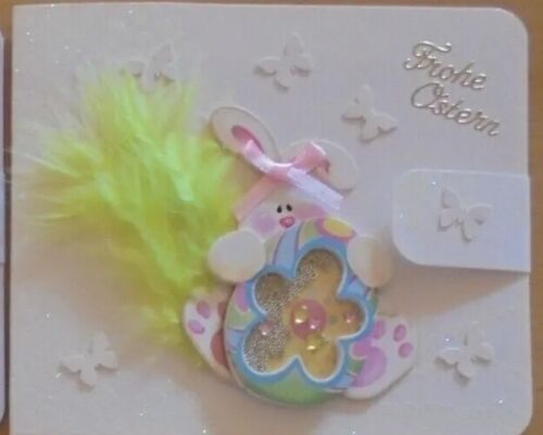 3D-cadeau en argent-carte de vœux plume/panier lapin fleur° carte de Pâques travail manuel - Photo 1/6