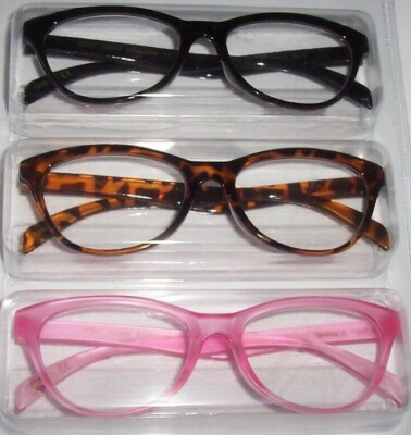 NEW Betsey Johnson 3 PAIRS Reading Glasses CATEYE Black/Brown/Pink Readers +1.50