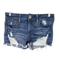 Womens American Eagle Hi Rise Shortie Distressed Blue Denim Shorts Raw Hem 8