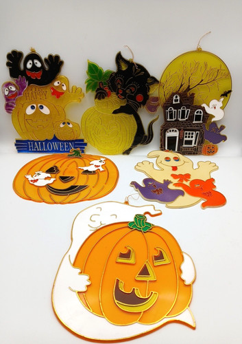 Vintage Halloween Suncatchers Lot Of 6 Painted Plastic 90's Window Decor