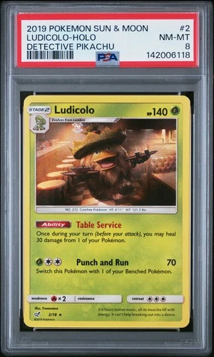 2019 POKEMON SUN & MOON DETECTIVE PIKACHU #2 LUDICOLO-HOLO PSA 8