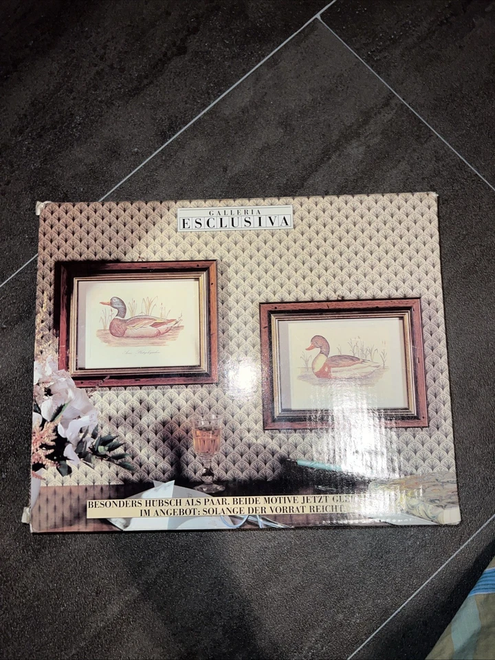 Vintage Kunstdruck Ente Anas Platyrkynchus in antikem Bilderrahmen aus Holz - Bild 2 von 3