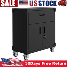 Metal Storage Cabinet Double-door Low Cabinet With 1 Drawer And Wheels Black