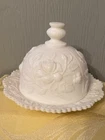 Vintage Imperial  White Milk Glass domed Butter ,Cheese Dish w/ Lid Roses