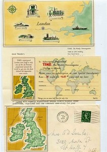 Time Magazine Subscription Letter & Response Card from London 1954 Maps