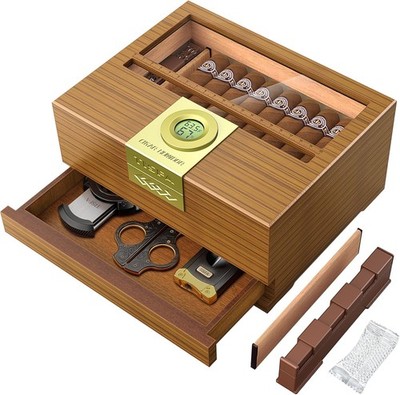 Cigar Box Handcrafted Humidor with Hygrometer and Humidifier, Cedar Wooden