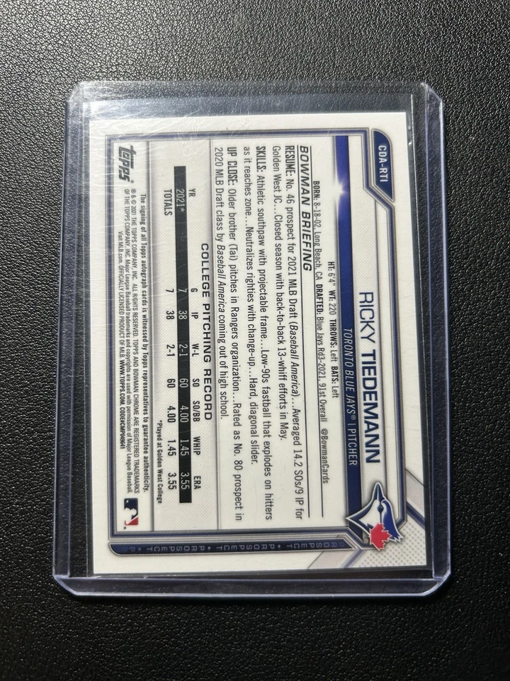 2021 Bowman Draft Chrome Draft Pick 1st Auto Ricky Tiedemann CDA-RTI Purple /250 - Image 2 of 2