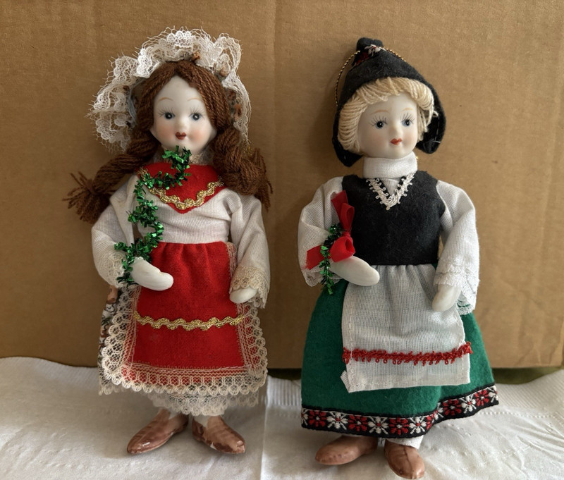 Lot/2 Six Inch Bisque Porcelain Doll Christmas Ornament~France, Iceland
